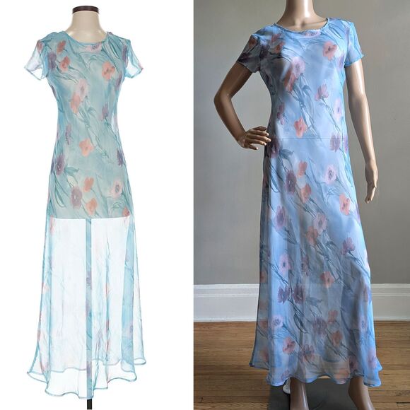 Express Dresses & Skirts - Vintage Y2K Express Blue Maxi Dress Semi Sheer Overlay Floral Fairycore Size 3-4